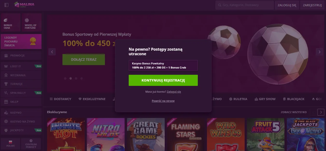 Wypłata pieniędzy z Malina Casino bonus bez depozytu