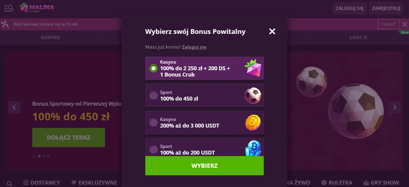 Rejestracja i Malina Casino login: odbierz prezent na start